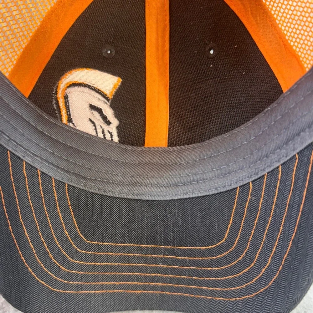 Spartan Mowers Spartan Helmet Logo Mens Black Orange Trucker Hat Snapback OSFM